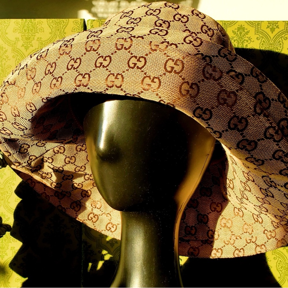 Gucci Beige GG Monogram Bucket Hat Wide Large Brim Tan Canvas Jacquard Beach - Picture 5 of 15